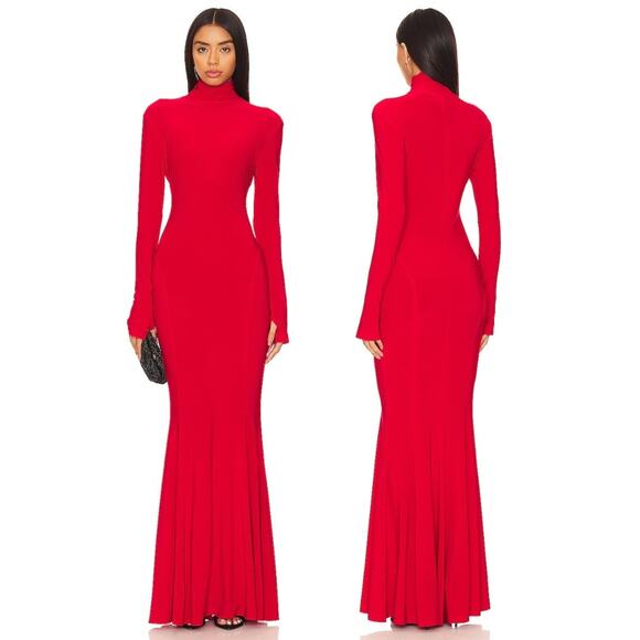 Norma Kamali Fishtail Gown Long Sleeve Turtle Neck Gala Party Formal Red XXS - Picture 1 of 11